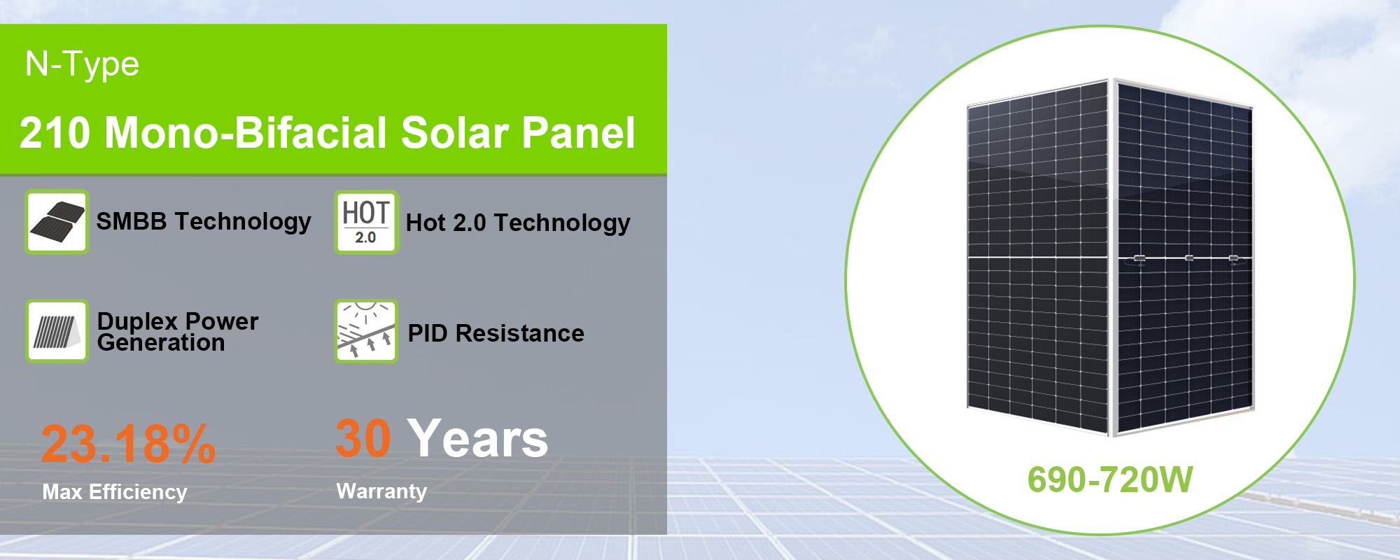 690-720W mono-bifacial n-type HBOWA solar panel